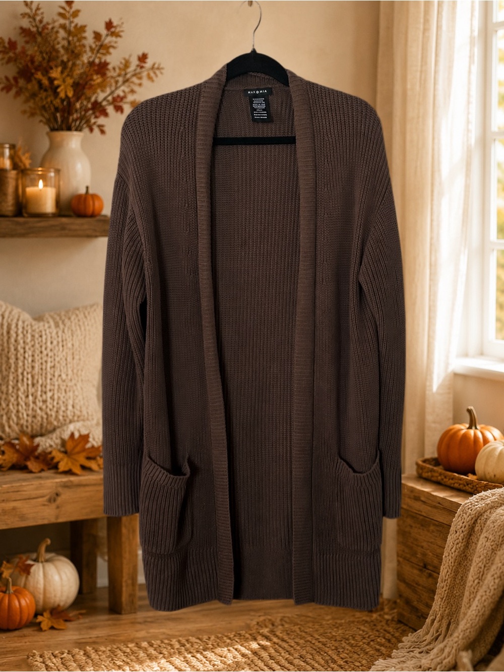 Max & Mia Women’s Large Brown Long Open Front Cardigan 100% Cotton Pockets